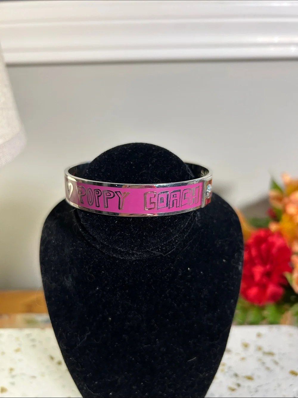 Coach Pink Enamel 'Poppy' Silver-Tone Bangle Bracelet